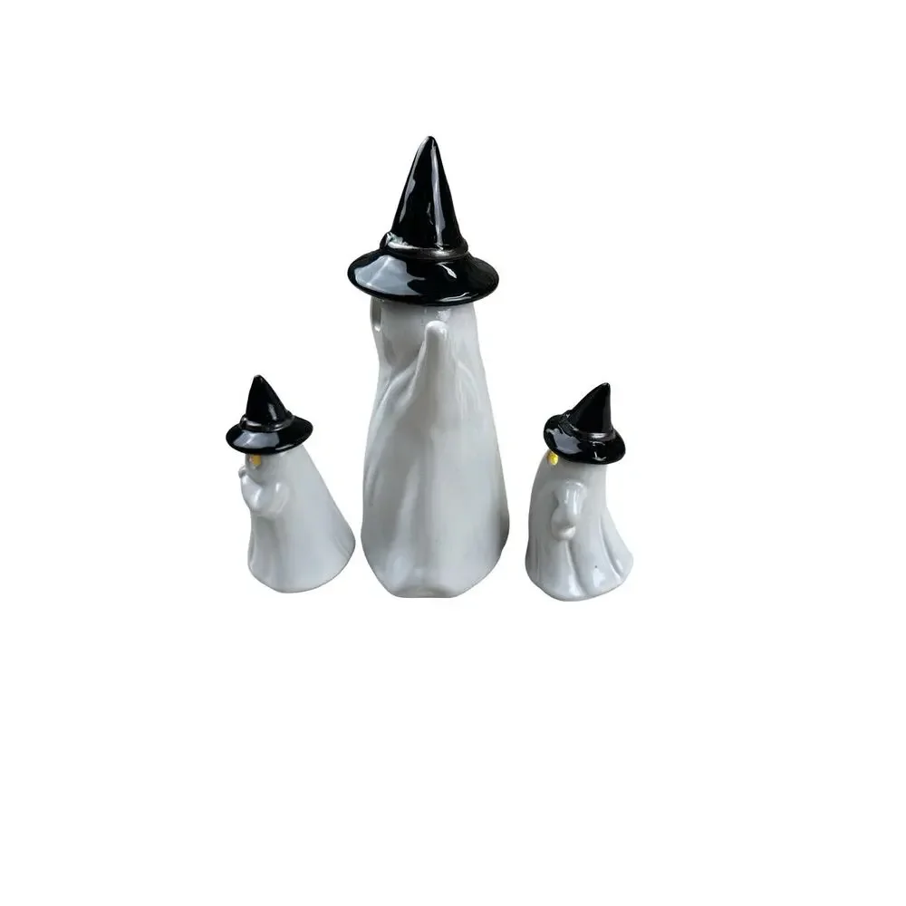 Set of 3 Halloween Ceramic Ghost Witch Hat Light Up Glowing Eyes Figurines